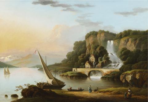 Frédéric Frégevize, Paysage avec lac et chute d'eau,  début XIXe