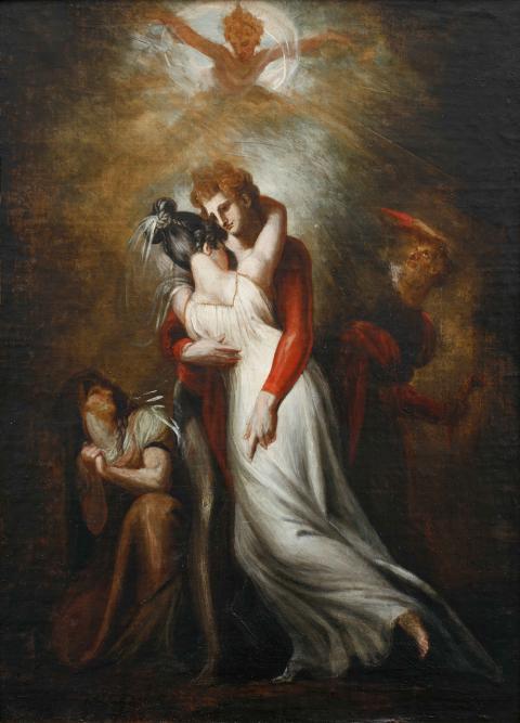 Johann Heinrich Füssli, Hüon und Rezia vereint, Fatime, Scherasmin, Oberon in Begleitung von Nadine, 1804/1805