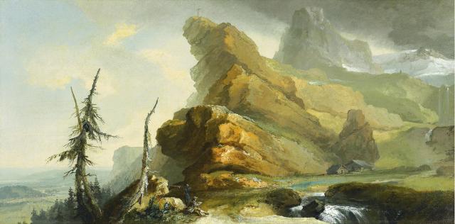 Caspar Wolf, Ideale Hochgebirgslandschaft mit Ausblick auf ein weites hügeliges Tal, Paysage de haute montagne avec vue sur vallée vallonée, 1774-1777