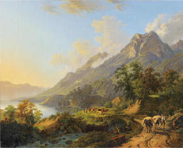 Pierre-Louis De la Rive , Vue de l'extrémité orientale du lac Léman avec la nouvelle route du Simplon au pied des montagnes de Saint-Gingolph, 1812