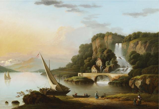 Frédéric Frégevize, Paysage avec lac et chute d'eau,  début XIXe