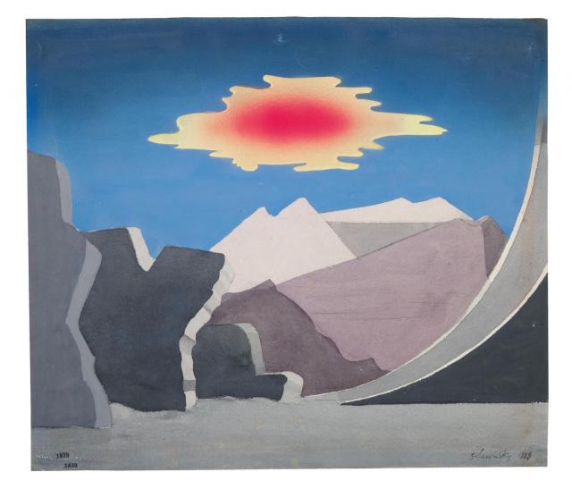Xanti Schawinsky, Stage Design for Goethe's "Faust II", 4th Scene: High Mountains, Rigged Raked Rock Summit, a Cloud Floats Pass, 1928/29