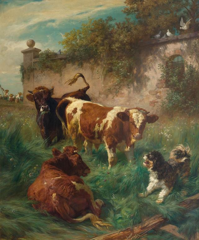 Rudolf Koller, Kühe, Hund und erntende Bauern, 1864