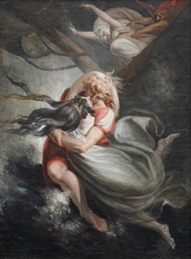 Johann Heinrich Füssli, Amanda/Rezia stürzt sich mit Hüon ins Meer, Fatime wird mit Gewalt zurückgehalten, 1804/1805